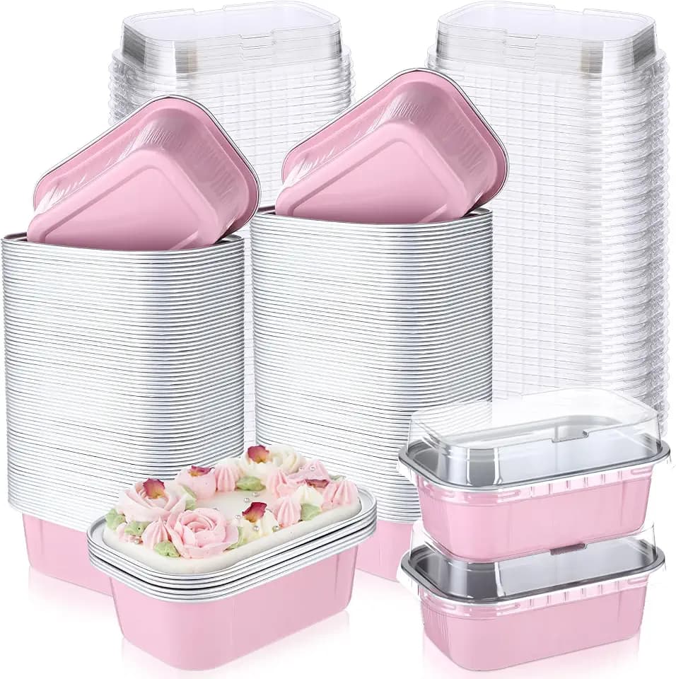 Vesici 100 Mini Loaf Pans with Lids, 5.7oz Aluminum Foil, Pink