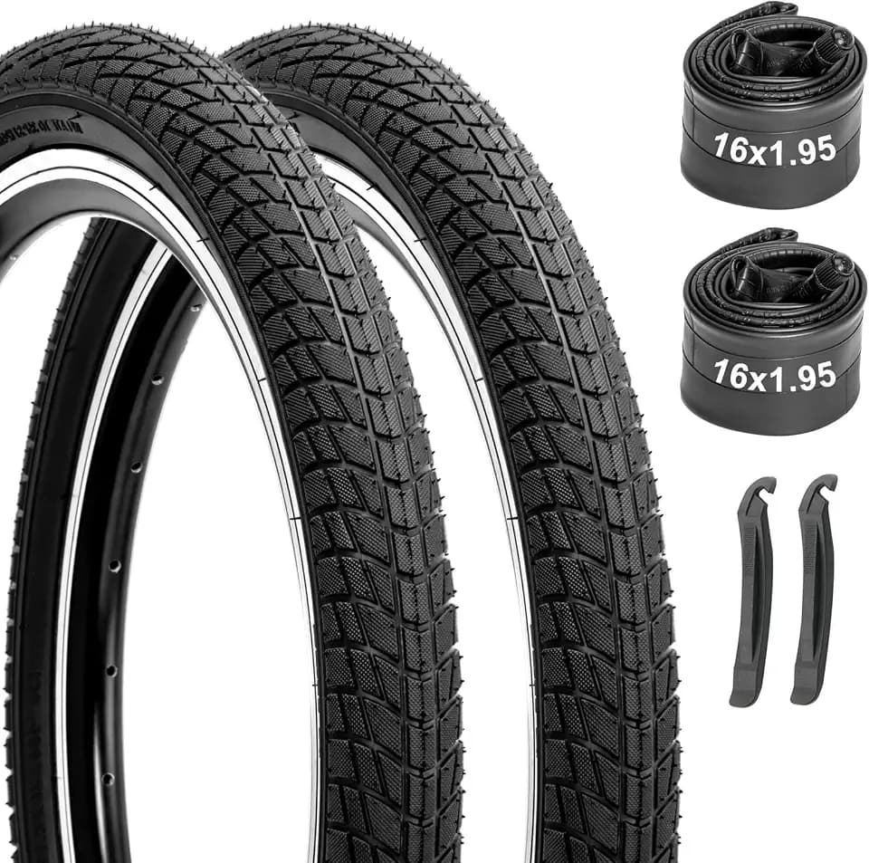 Kids Bike Tires and Tubes Set: 2-Pack 16x1.95/20x2.125 Inch Folding Bicycle Tires, Puncture-Protection Inner Tubes Schrader Valve with Tire Levers for BMX MTB