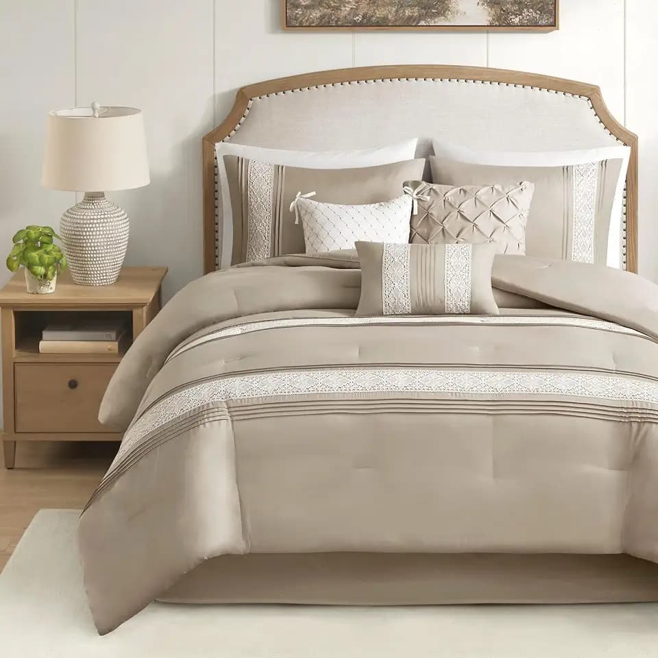 Madison Park Farmhouse Lace Pintuck Taupe King Comforter Set, 7pc