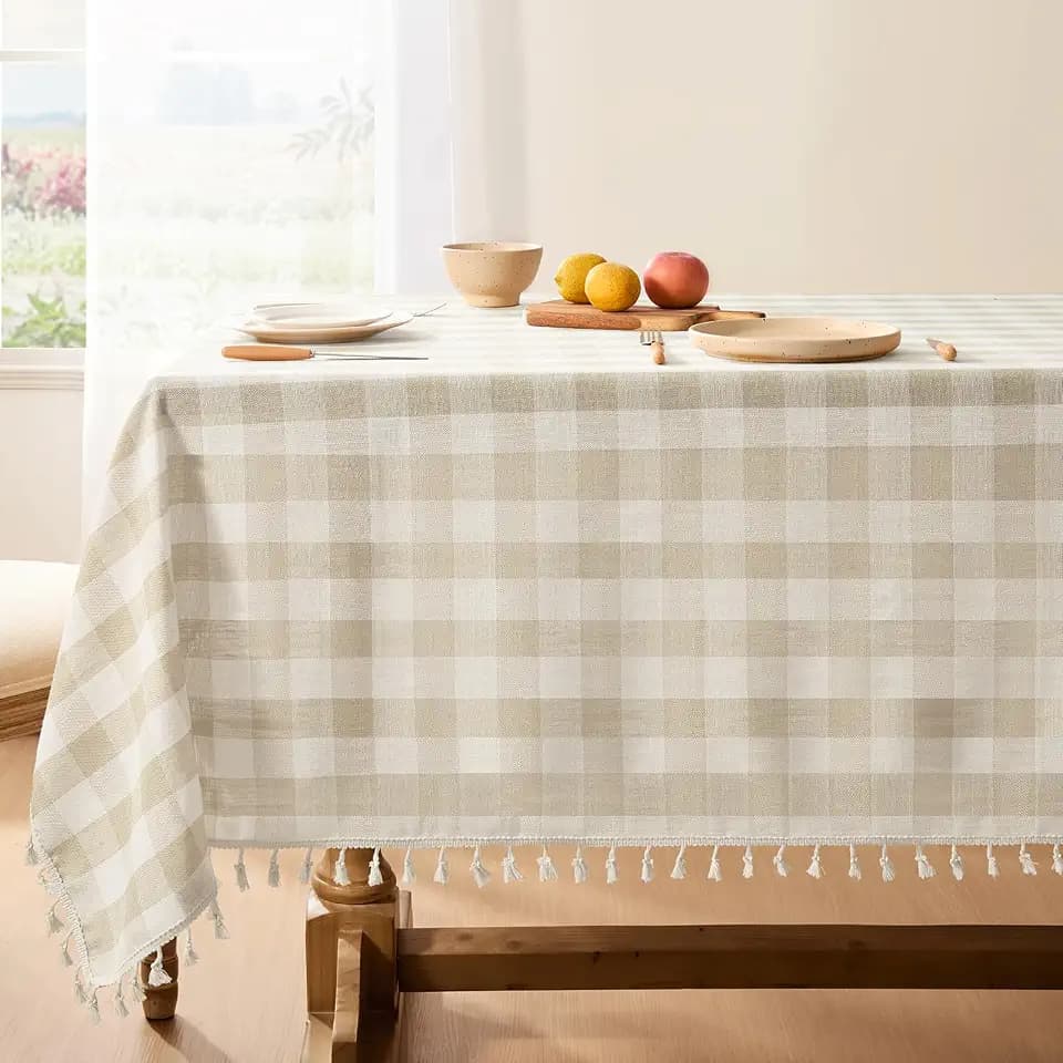 Softalker Gingham Rectangle Tablecloth with Tassel, Beige, 55" x 102"