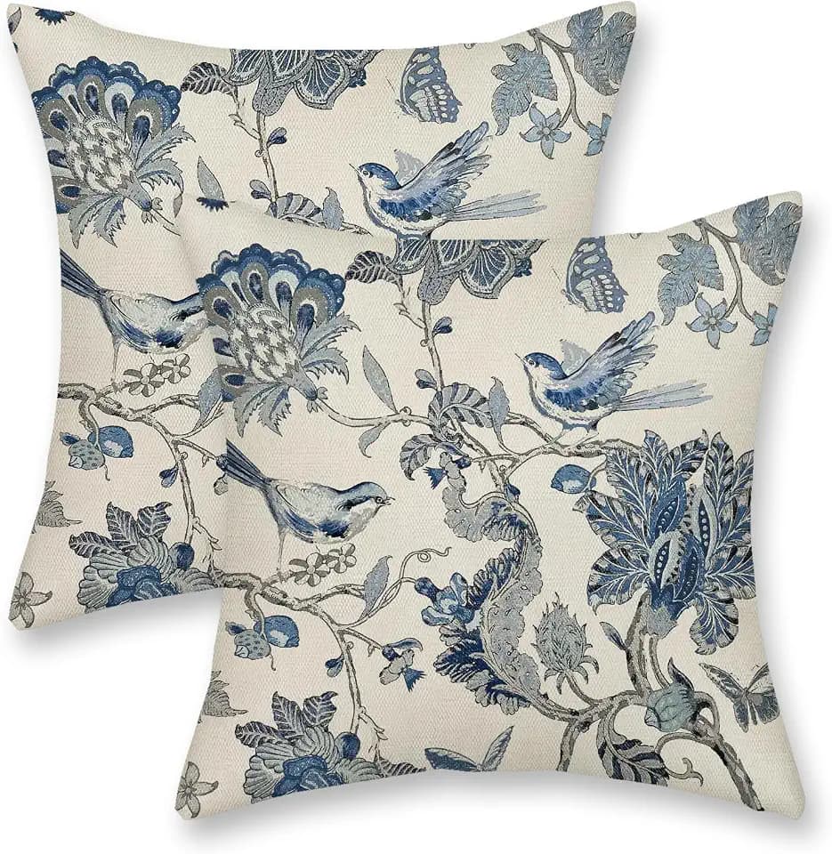 Chinoiserie Pillow Covers 20x20 Inch 2 Pcs Spring Navy Blue Floral Birds Decor Throw Pillows Vintage Flower Seasonal Outdoor Indoor Decoration Pillowcase Linen Cushion Cover for Couch Sofa Bed