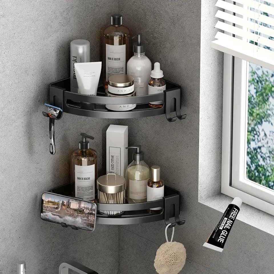 VOLPONE Corner Shower Caddy with Razor Holder Adhesive Shower Shelf Corner No Drilling Bathroom Corner Shower Organizer Storage Rack (2-Pack, Black)