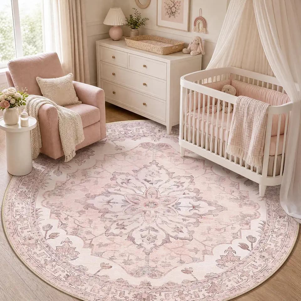 RELEANY Washable Area Rug, Round 5ft, Pink
