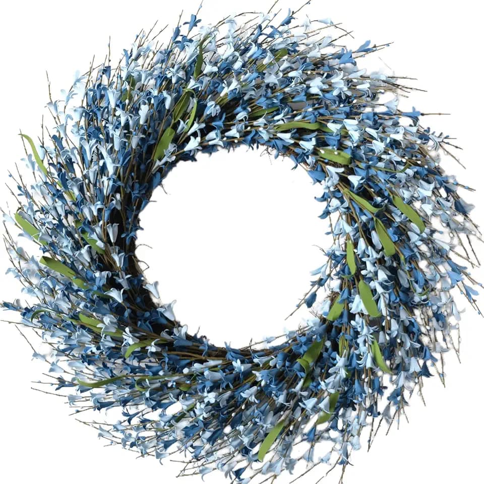 26 Inch Spring Wreaths for Front Door, Large Artificial Forsythia Flowers Wreath, Spring Summer Floral Wreath All Season for Home, Wall, Window, Porch, Wedding, Farmhouse Decor (Blue)