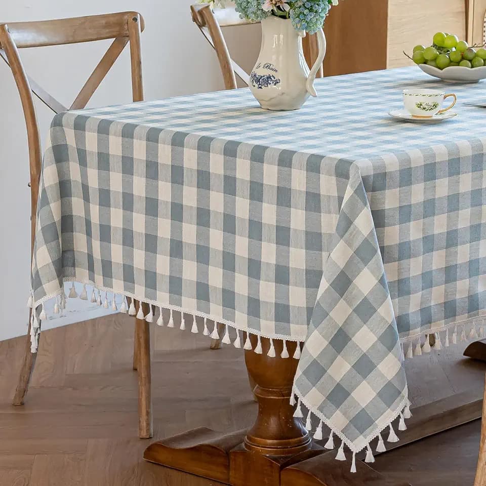 Alsoo Blue Checkered Tablecloth Rectangle Easter, Cotton Linen Fabric Gingham Table Cloth Buffalo Plaid Table Cover with Tassel Wrinkle Free Washable for Kitchen Dining Picnic, 55X106''