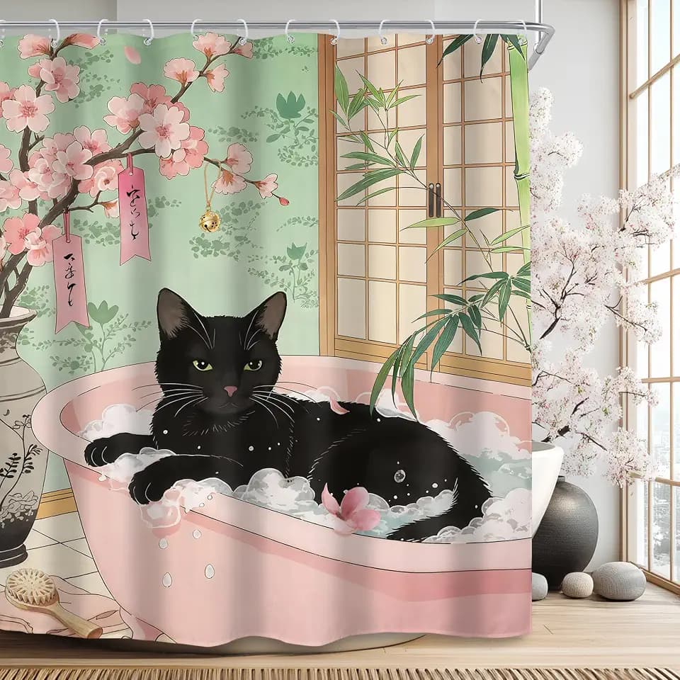 Japanese Black Cat Vintage Cute Cartoon Pet Bathroom Shower Curtain Set