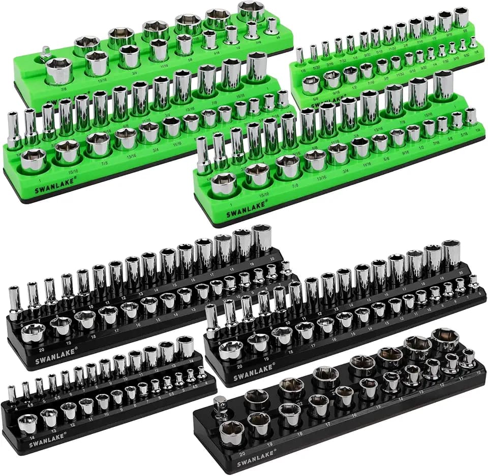 Magnetic Socket Organizer Holder Tool: 8PCS Set includes 2PCS 1/4", 4PCS 3/8", 2PCS 1/2" Drive Socket Storage Trays Toolboxs, Holding 199 Slots Soft Rubber Covering Black Green (sockets not included)