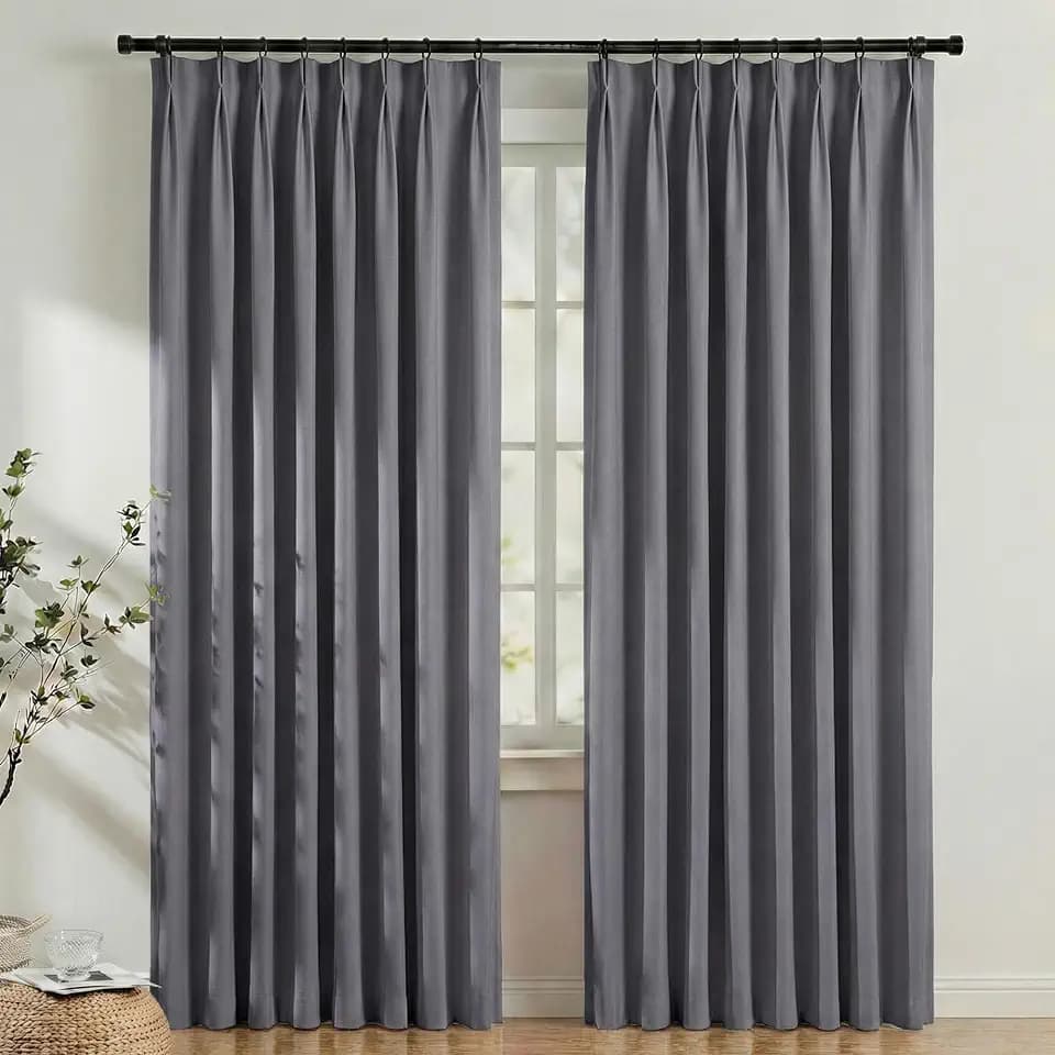 hoeflife 50 Inches Wide 100% Blackout Pinch Pleated Curtains Rings Hooks 2 Panels for Living Room Pinch Pleat Curtains 108 Inches Long for Dining Bedroom Office Grey