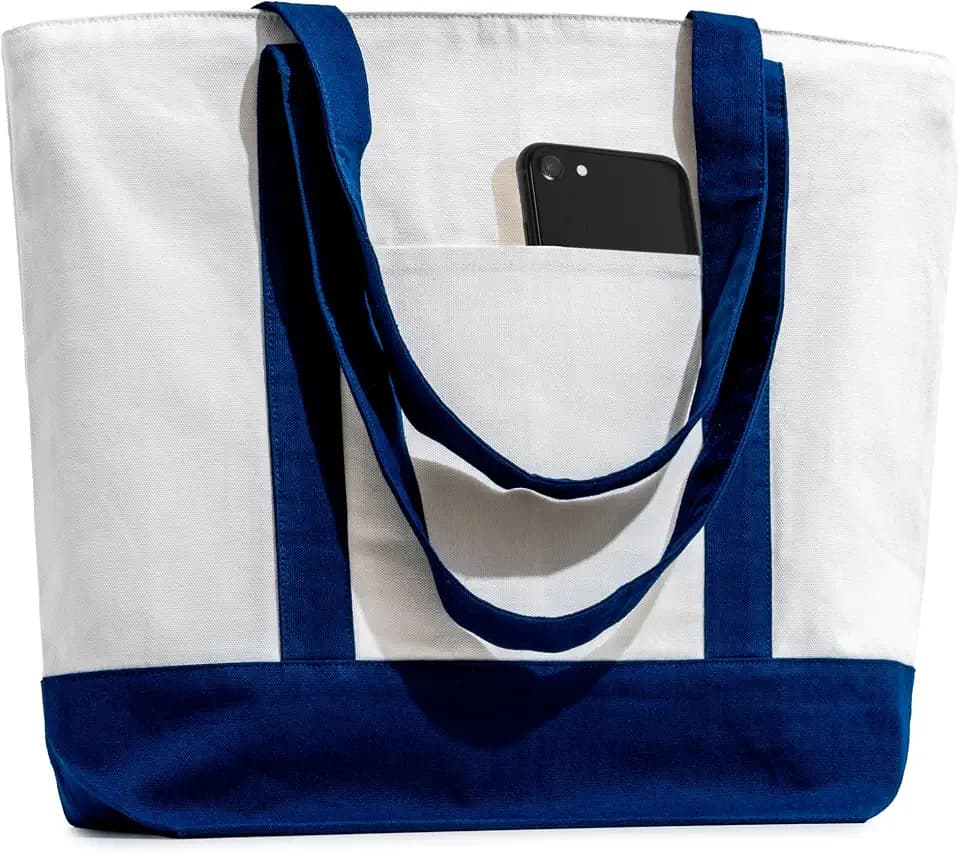 Carrywell (Not Made In China) Canvas Tote Bag With Front Pocket, 15"x 21", Reusable Grocery Shopping Bags, Top Zipper Closure