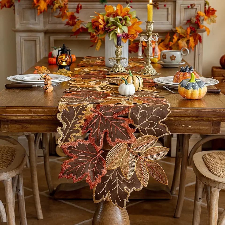 Joyfol Day Fall Thanksgiving Table Runner 14 x 86 Inches, Cutwork Embroidered Brown Maple Leaves Table Runners, Autumn Rust Dresser Scarf for Harvest Party Dinner Seasonal Decoration