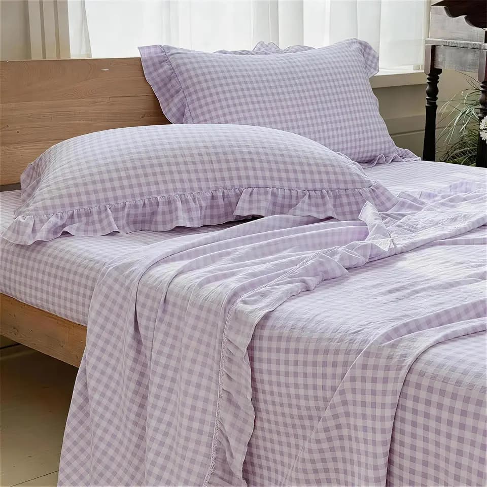 NSNLGSGC Purple Gingham Ruffle Twin Sheet Set