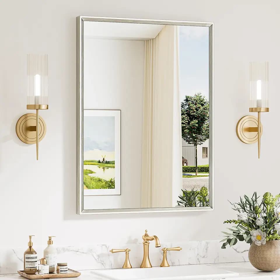 Keonjinn 24 x 32 Inch Brushed Nickel Bathroom Mirror, Aluminum Metal Frame