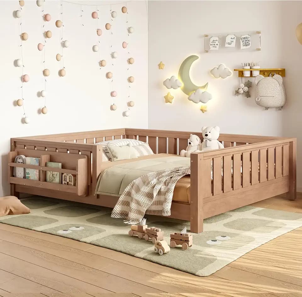 Bellemave Full Floor Bed with Slats and Rails, Full Size Montessori Floor Bed with Bookcase and Fence, Easy Assemble Montessori Beds for Girls, Boys, Natural Floor Beds