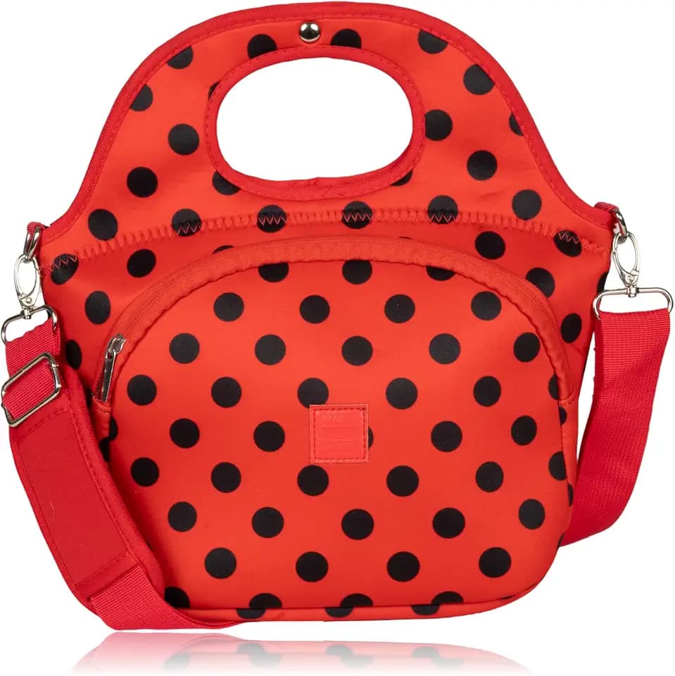 Made Easy Kit Large Insulated Lunch Tote Bag – Stylish Neoprene Carrier Foil Lining, Front Zipper Pocket & Shoulder Strap – Machine Washable, Lightweight, Travel Ready (Red Black Polka Dots)