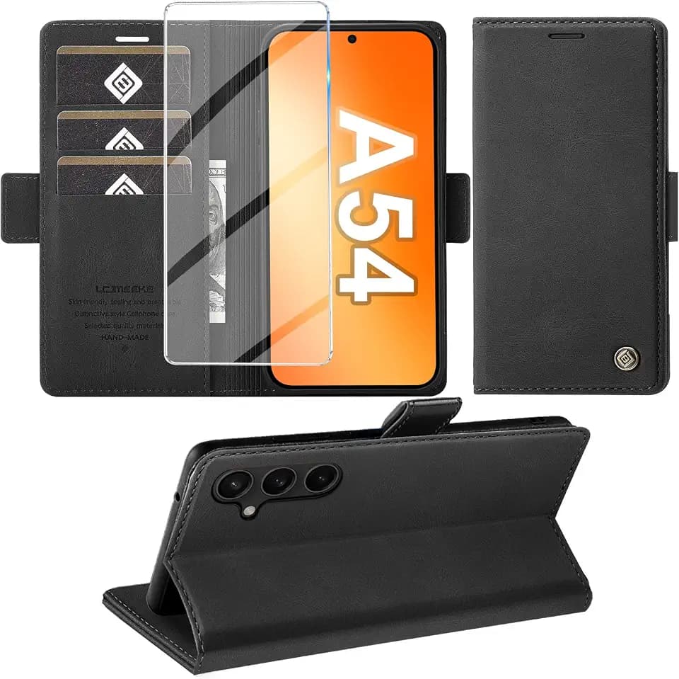 Giyer Handyhülle für Samsung Galaxy A54 5G Hülle mit Schutzfolie, Standfunktion Kartenfach Wallet Premium Leder Schutzhülle A54 5G Flip Case Cover Stoßfeste Klapphülle A54 5G 6.4 Zoll (Schwarz)