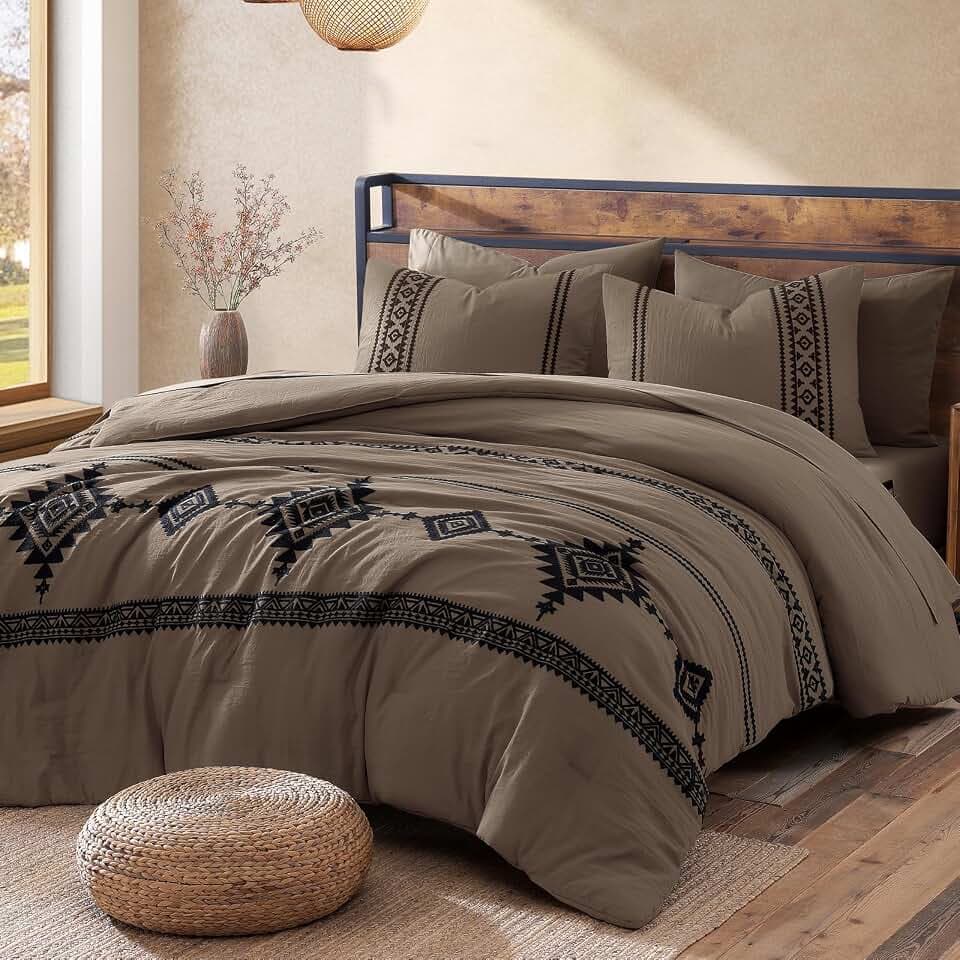 MaiRêve Embroidery Queen Comforter Set 7 Pieces Taupe Grey Bed in a Bag