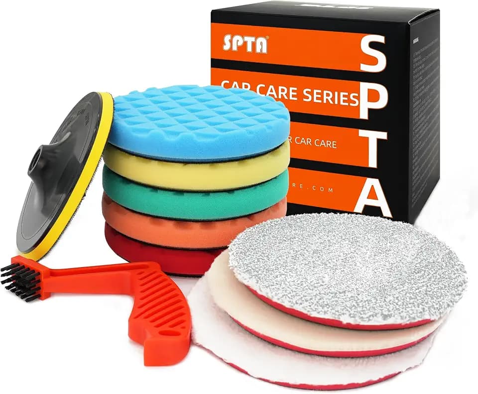 SPTA 10pcs Polishing Pads Kit, 7 Inches Large Size Buffing Pads, Car Foam Buffing Sponge Pads Kit with 5/8"-11 Backing Plate for Car Waxing Polishing