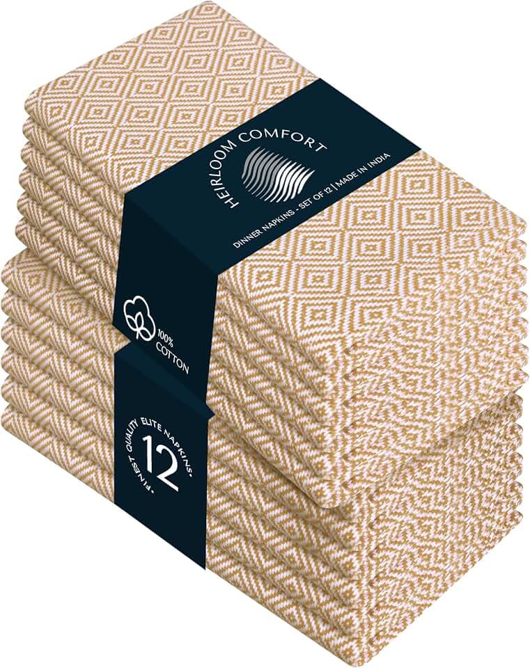 Tan Cloth Napkins (Set of 12), 16x16 Inch, Diamond Weave, 100% Cotton, Durable, Soft, Reusable Table Dinner Napkin for Rustic Decor, Lunch Tables, Formal Gatherings & Everyday Use