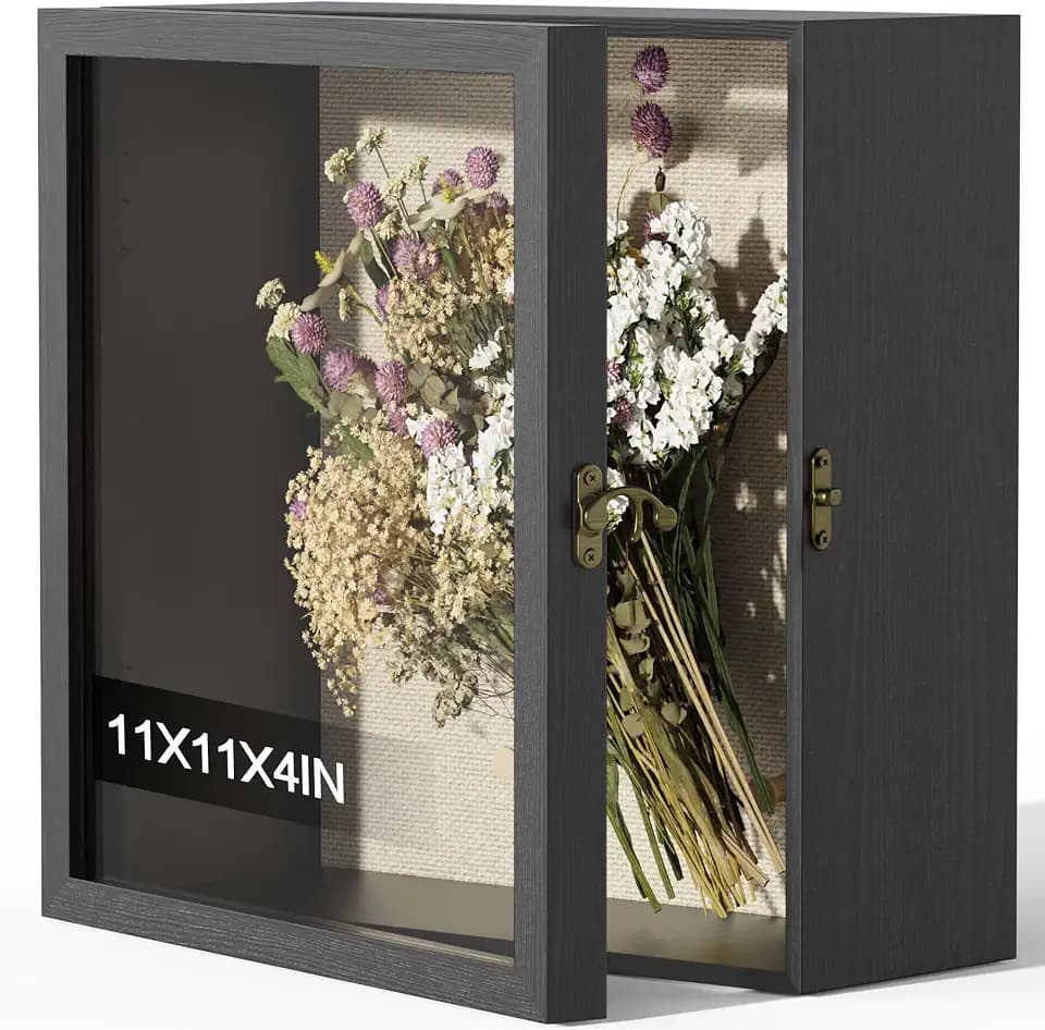 11x11 Shadow Box Frame with Acrylic Glass, Deep Large Shadow Boxes Display Cases for Tabletop and Wall Display, Memory Box for Keepsakes, Shadow Box for Flowers, Black with Linen Back