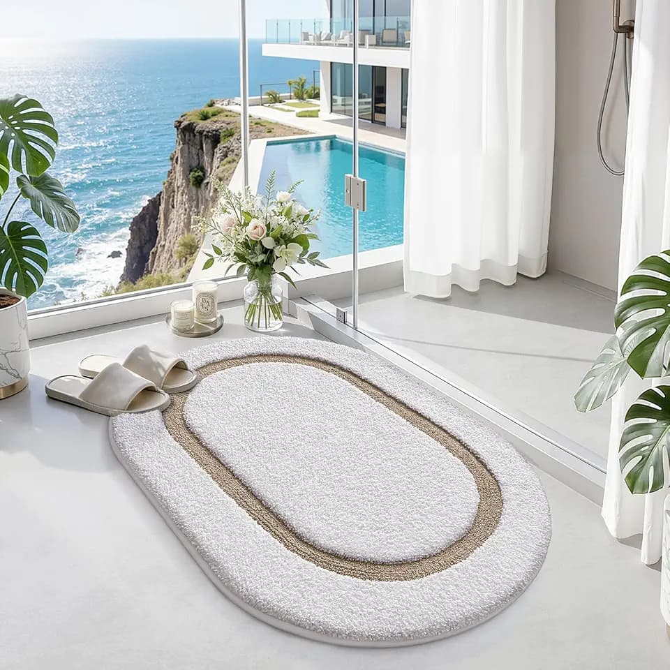 LUMI Oval Bathroom Rug, Absorbent Non Slip Bath Mat, White Khaki, 20"x32"