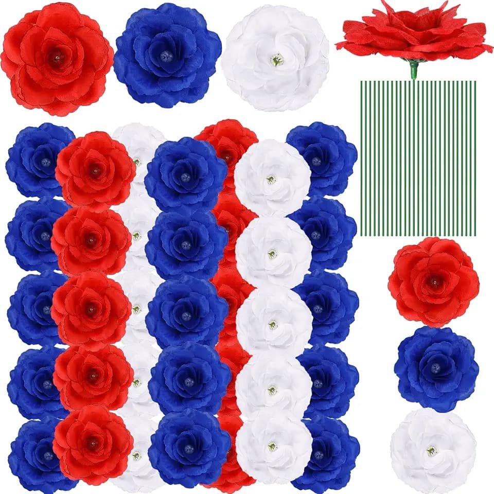 Yunlly 100 Pcs Artificial Flowers Fake Silk Roses Long Stem Rose Bouquet Wedding Party Home Decor for DIY Baby Shower Centerpieces Tables Home Decorations(Blue, White,Red)
