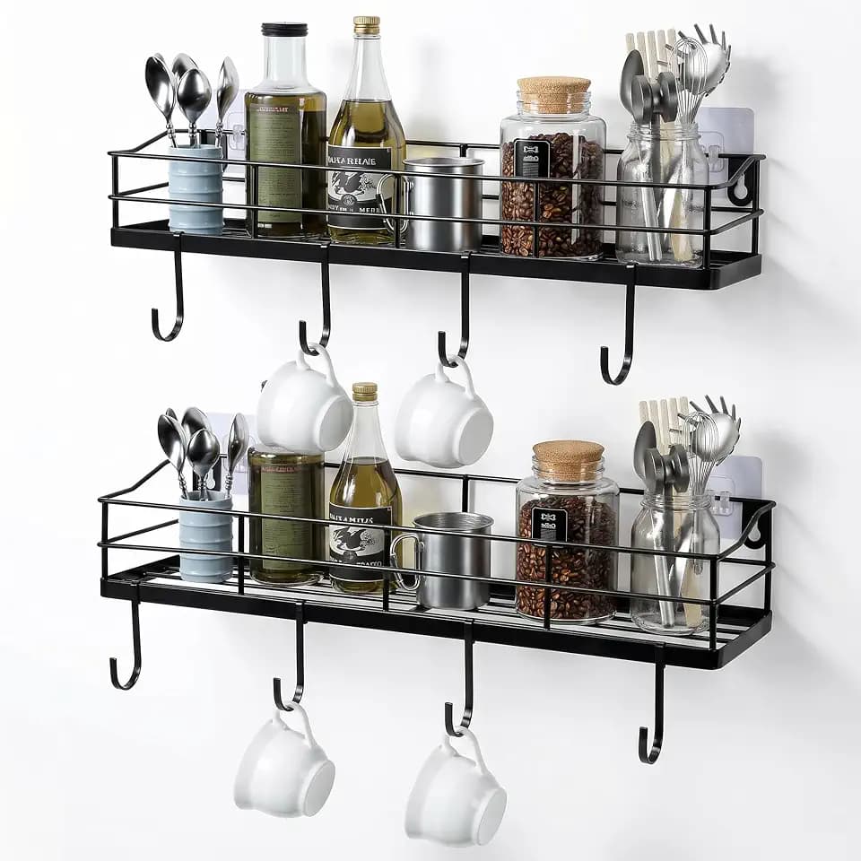 Lyeasw Black Floating Shelves Wall Mounted with 8 Removable S-Hooks for Mugs, Towels, Utensils, Adhesive Shower Shelf Organizer for Coffee Bar Kitchen or RV Storage and Organization, Set of 2
