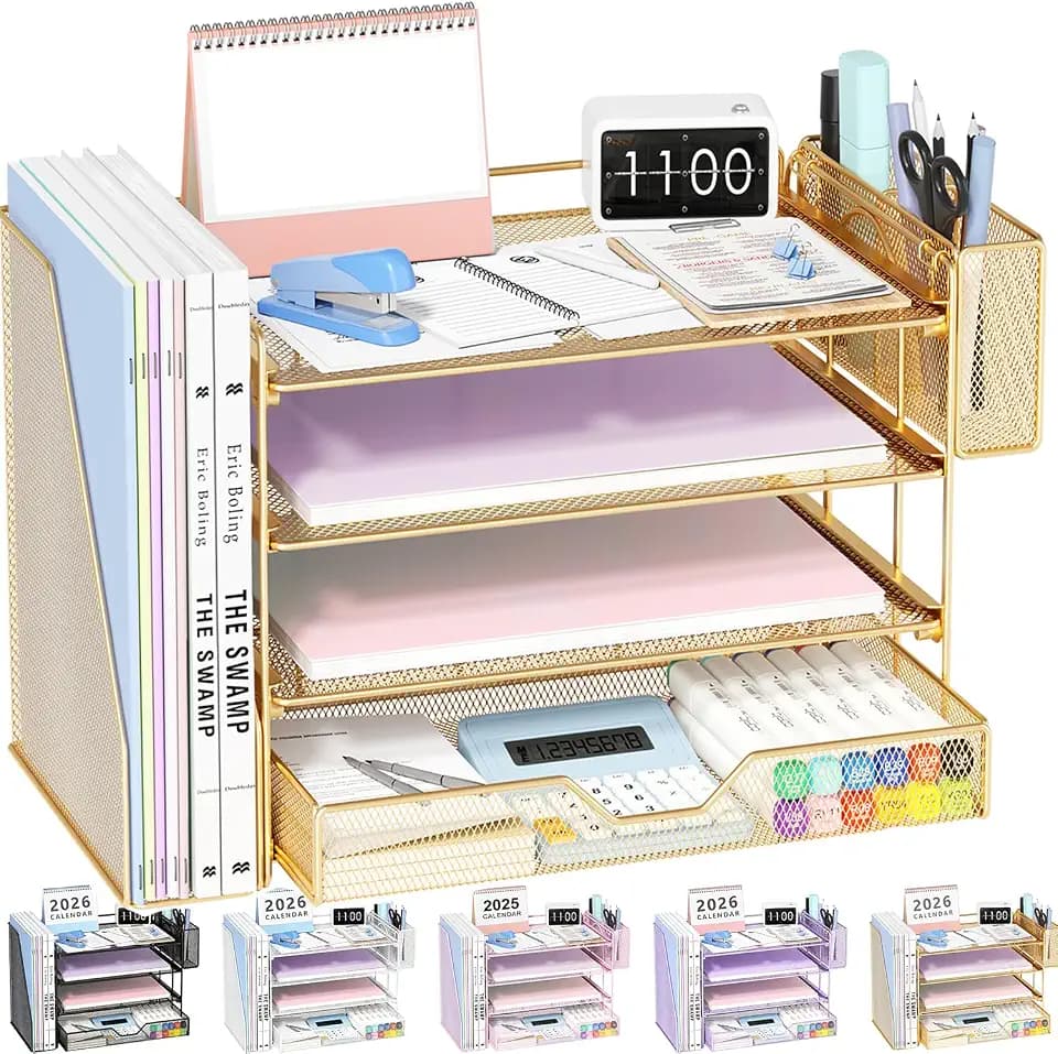 OPNICE Desk Organizers and Accessories, 4-Tier Desktop File Organizer with Drawer and Pen Holders, Office Desk Accessories Workspace Organizers for Office Supplies (Gold)
