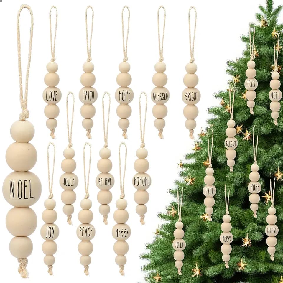 24 Pcs Christmas Ornaments Farmhouse Wood Bead Ornament for Tree with Blessing Word Rustic Christmas Hanging Decorations Natural Wooden Beads for Xmas Tree Wall Tiered Tray (Boho)