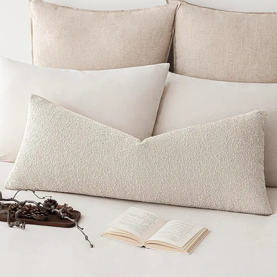 Foindtower Decorative Textured Boucle Throw Pillow Covers Accent Solid Pillow Cases Neutral Long Body Lumbar Couch Cushion Case for Chair Sofa Bedroom Living Room Home Decor 14x36 Inch,1PC,Light Beige