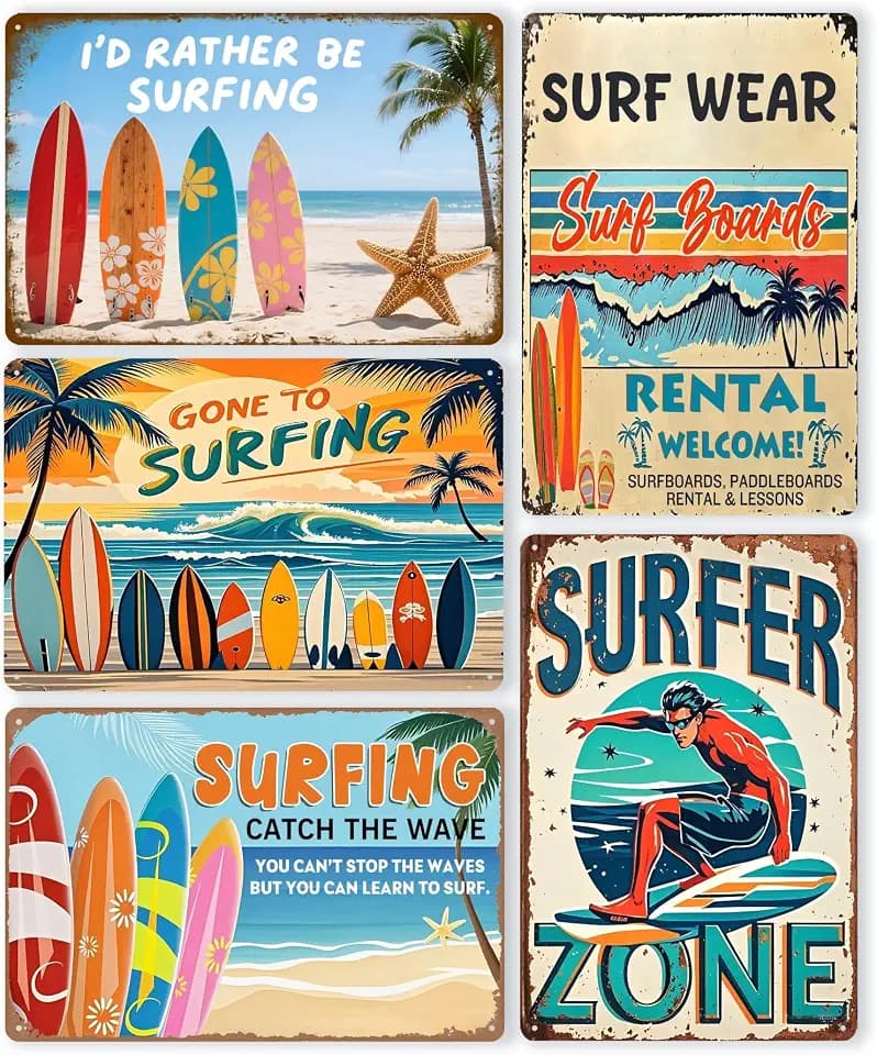 Vintage Metal Tin Signs, Beach Surfboard Wall Art Decor, Tropical Ocean Theme, Set of 5, Retro Style for Home, Room, Summer Decoration
