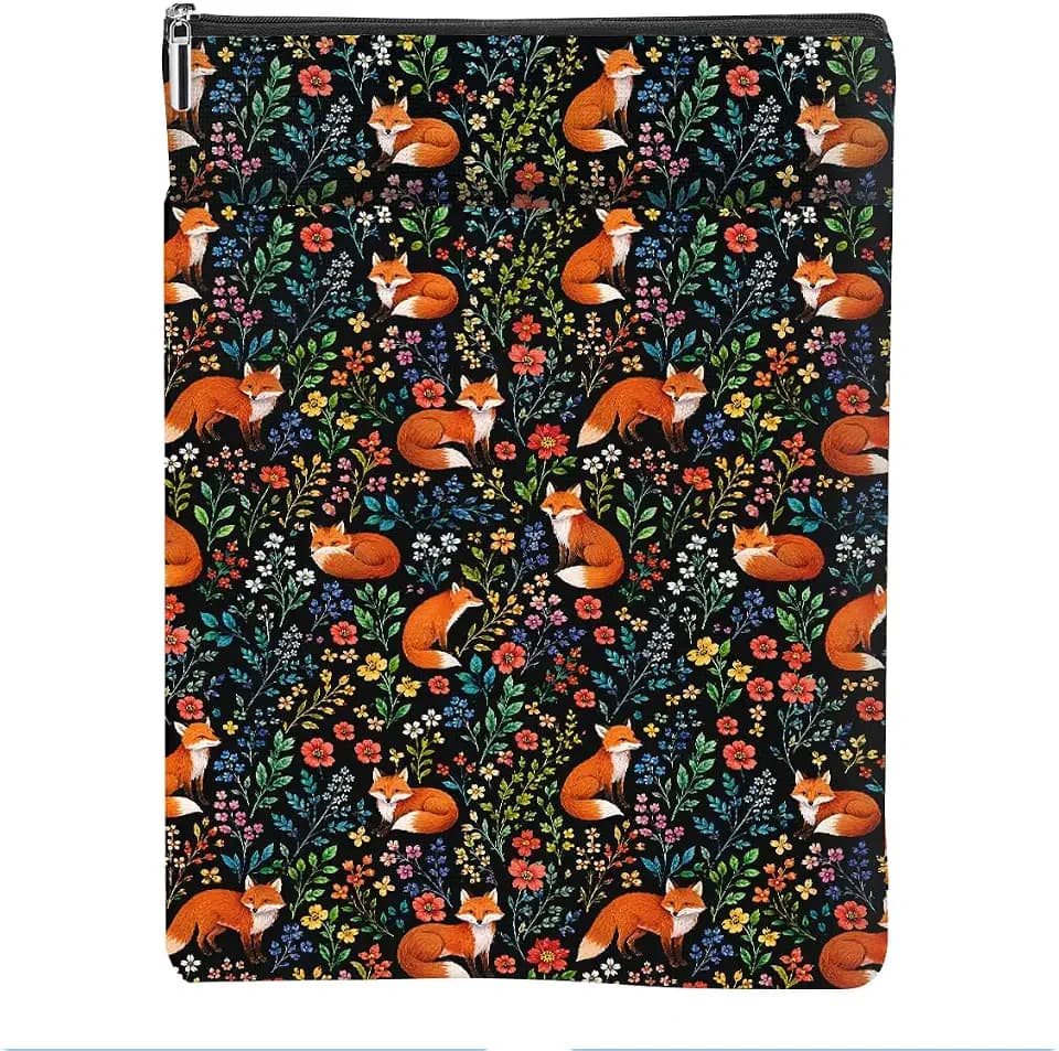 Cute Floral Fox Book Sleeve, Cottagecore Book Pouch Protector Zipper Cover