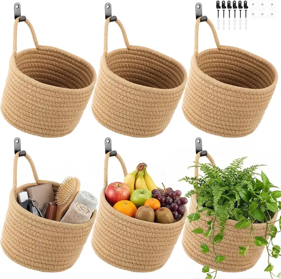 6 PCS Wall Hanging Basket Set Handwoven Cotton Rope Hanging Fruit Basket Organizer with Hooks Boho Decorative Storage Bins for Home Kitchen Office Door Wall