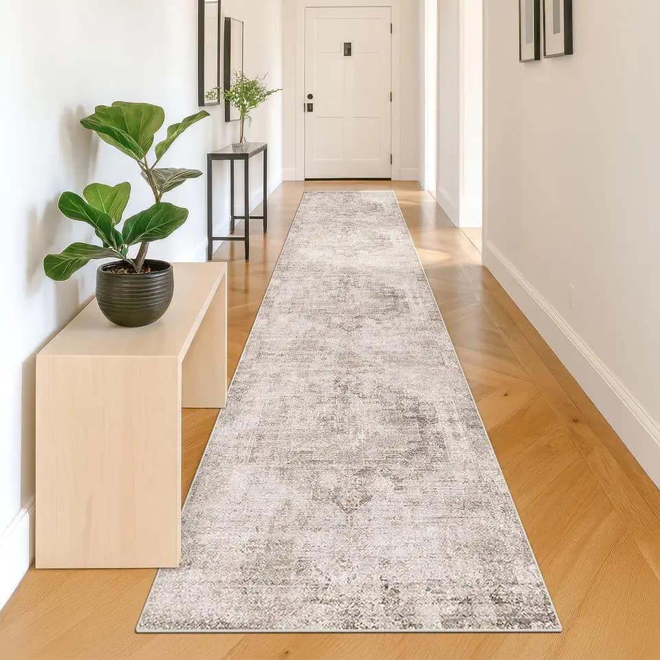 Hazo Haus Non Slip 10ft Long Hallway Runner Rug - Beige Brown 2 x 10 Runner Rug, Washable & Waterproof 2x10 Kitchen Floor Mat - Modern Abstract Design Décor, Distressed Design