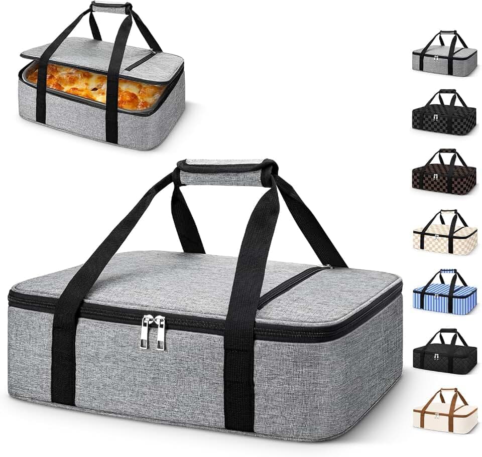 Coobiiya Insulated Casserole Carrier,Lasagna Lugger Tote Keeps Food Hot or Cold,Thermal Lunch Bag Warmer & Cooler Carrier Bag,Portable Tote Bag Fits 9" x 13" Baking Dish for Picnic and Cookouts- Grey