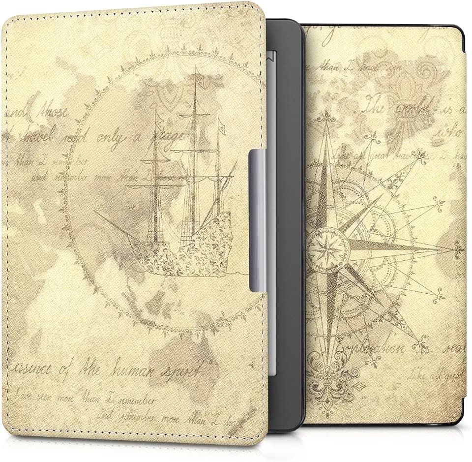 kwmobile Schutzhülle für Kobo Aura Edition 2 Hülle - eReader Flip Case mit Auto Sleep Funktion - Travel Vintage mit Braun Hellbraun