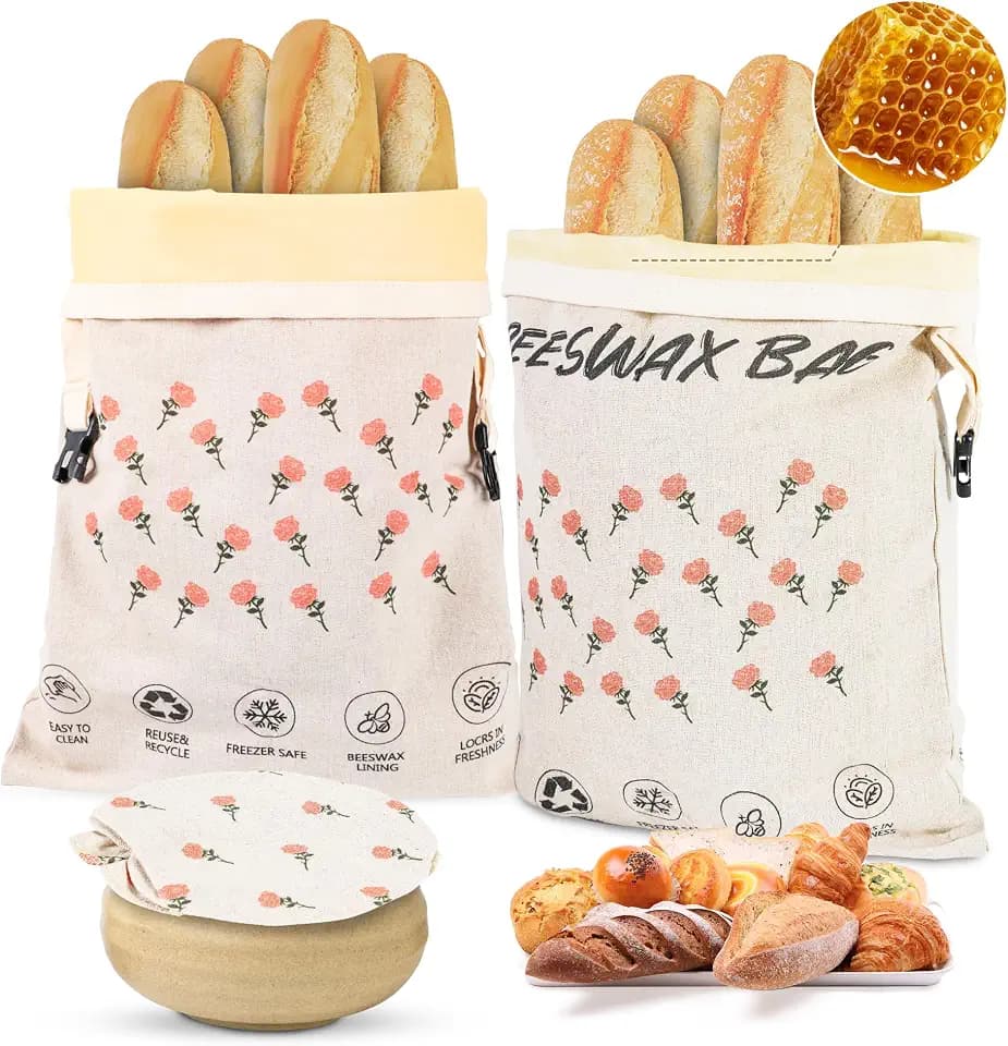 2 Pack Beeswax Bread Bag,17"×13"Reusable Organic Bread Bags for Homemade Bread Sourdough,Linen Outer Lining and Pure Cotton Beewax Inner Lining Moisture-proof &Fresh-Preserving With Buckle&Bowl Covers