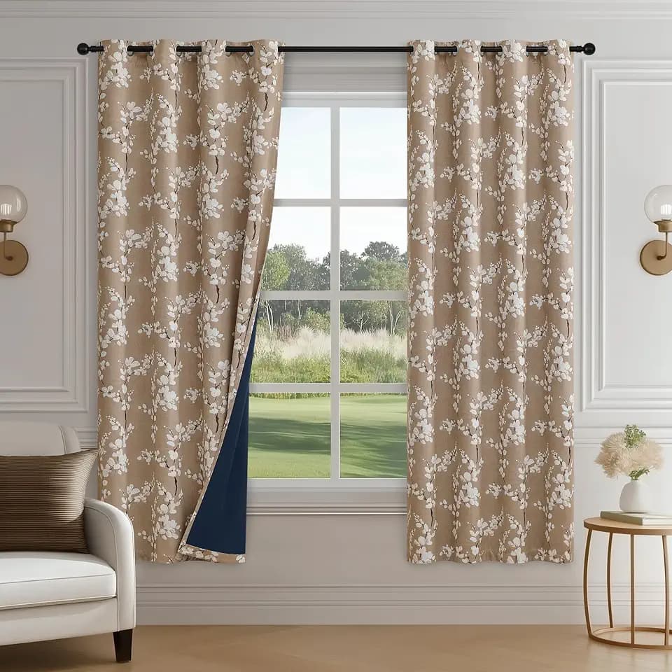 FMFUNCTEX Brown Blackout Floral Curtains for Bedroom, 63 Inches, 2 Panels