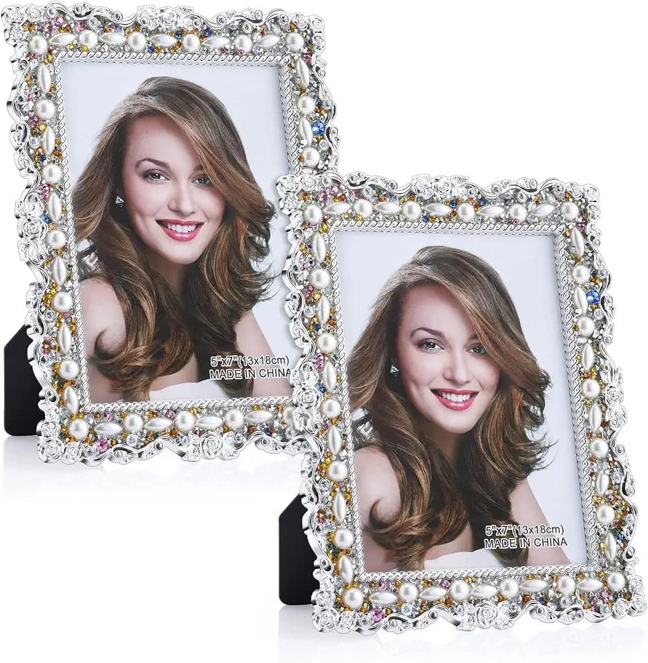 Yookeer 2 Pack 5 x 7 Inch Pearl Crystal Picture Frame Resin Wedding Photo Frame Jewel Picture with Rhinestones Photo Gift for Wedding Table Top Desktop Display