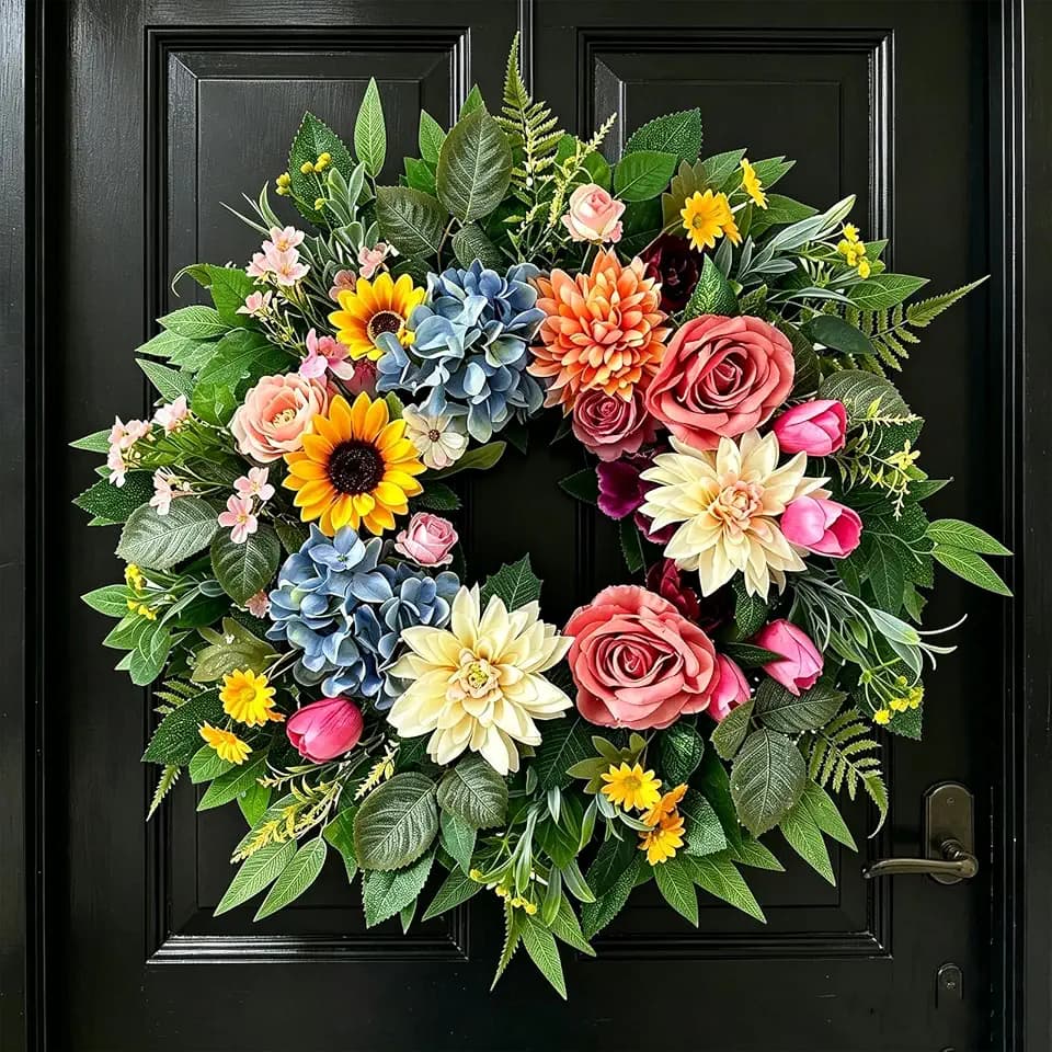 Summer Wreaths for Front Door, 24 Inch Artificial Spring and Summer Wreath with Peonies, Early Summer Chrysanthemums, Hydrangeas, Roses, Sunflowers, and Tulips, Decor for Indoor Outdoor