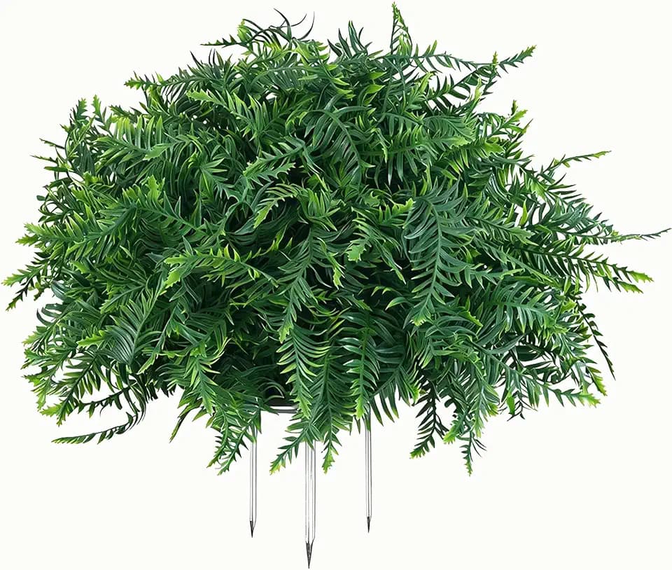 Artificial Persian Fern Outdoor Greenery – 20 Inch Faux Fern Plant for Garden and Lawn Decor, UV Resistant Green Leaf Landscape Accent with Metal Stake for Yard or Patio (1, Green)