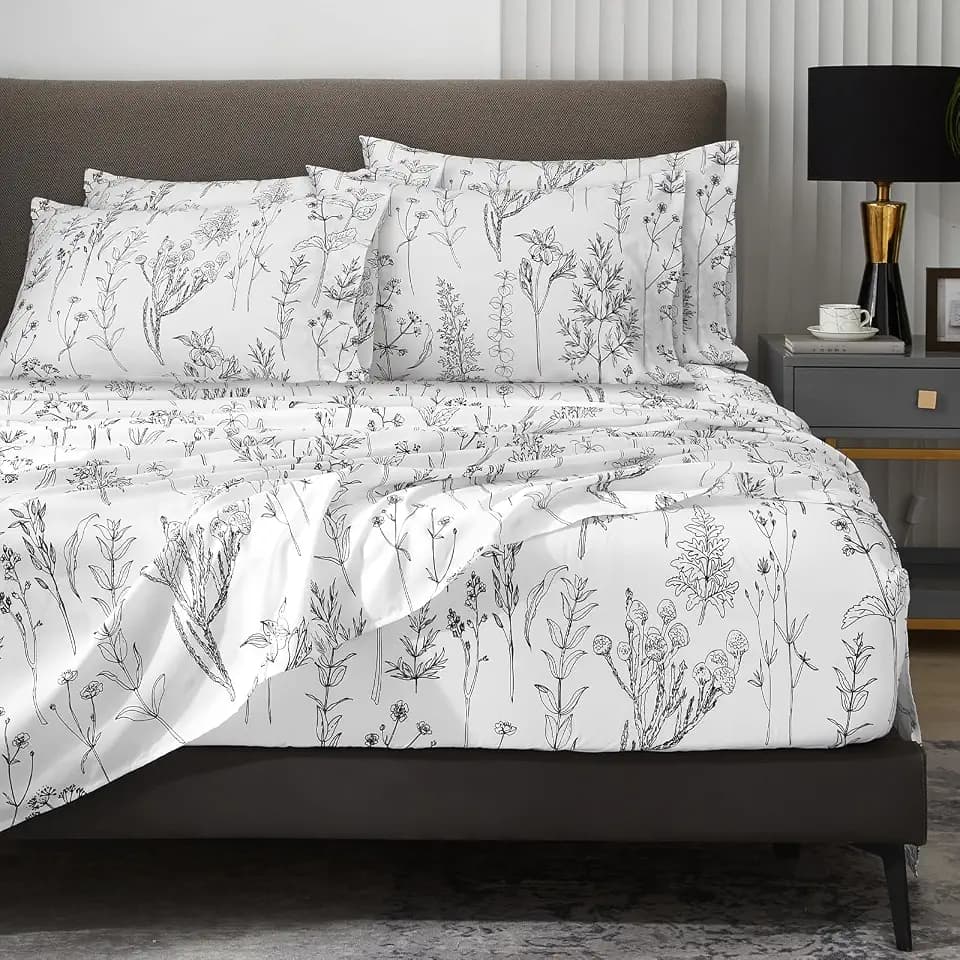 HYPREST 6 Piece Queen Bed Sheets Set, Black and White Floral Vine Patterned