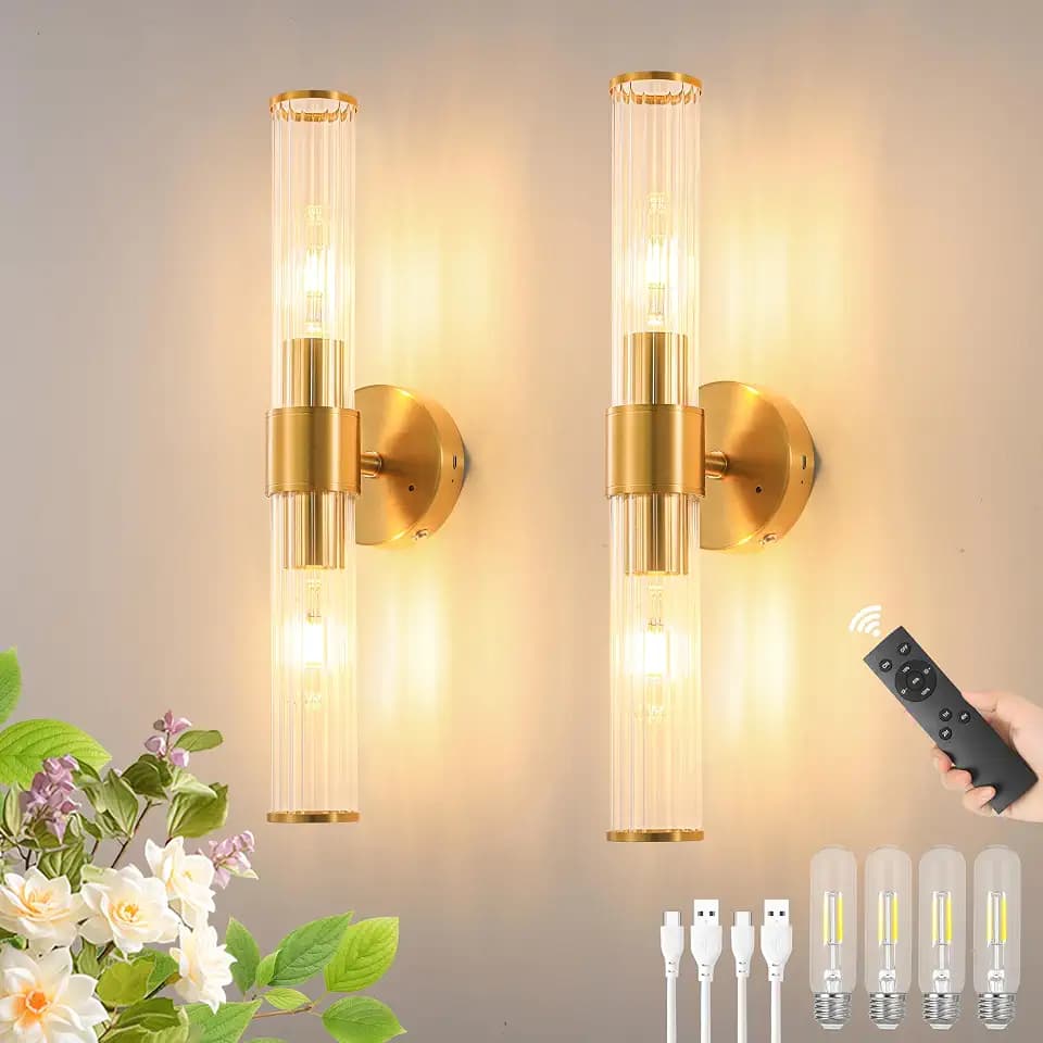 Gold Battery Operated Wall Sconces Set of Two, Dimmable Rechargeable Sconce