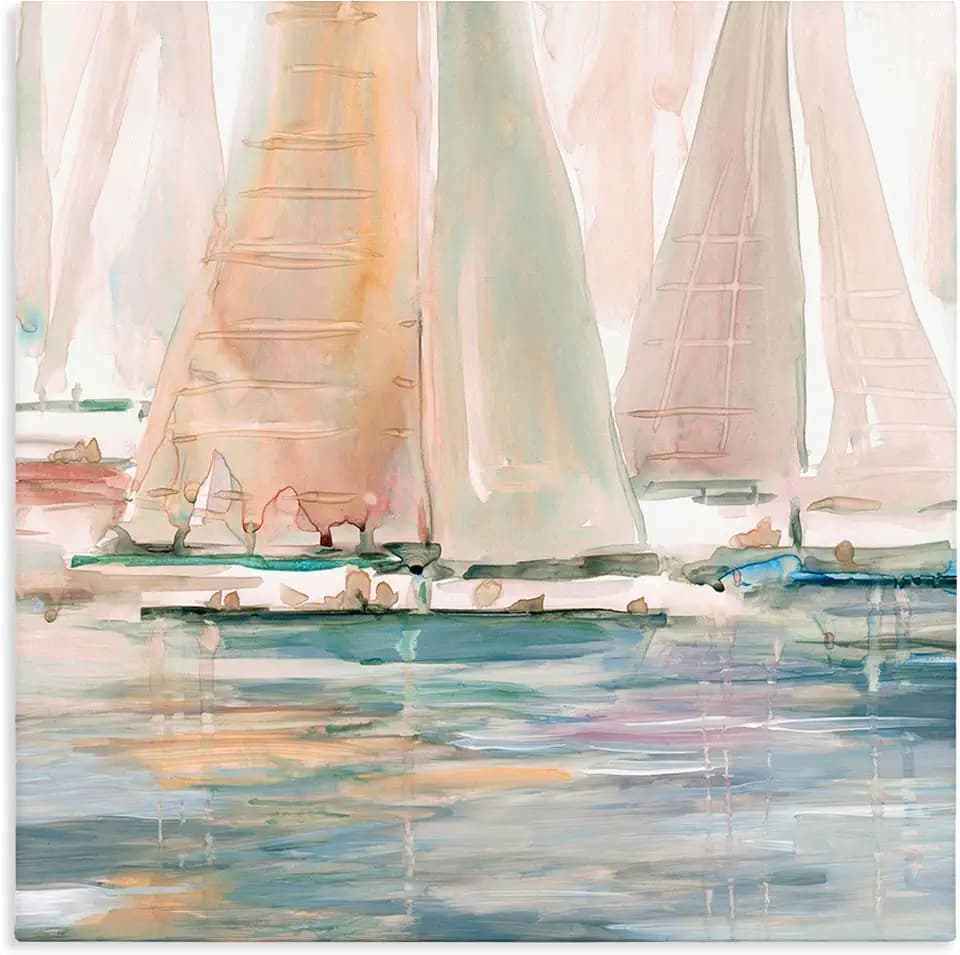 'Warm Sunlit Sailboats Reflection Ocean Water'| Canvas Art