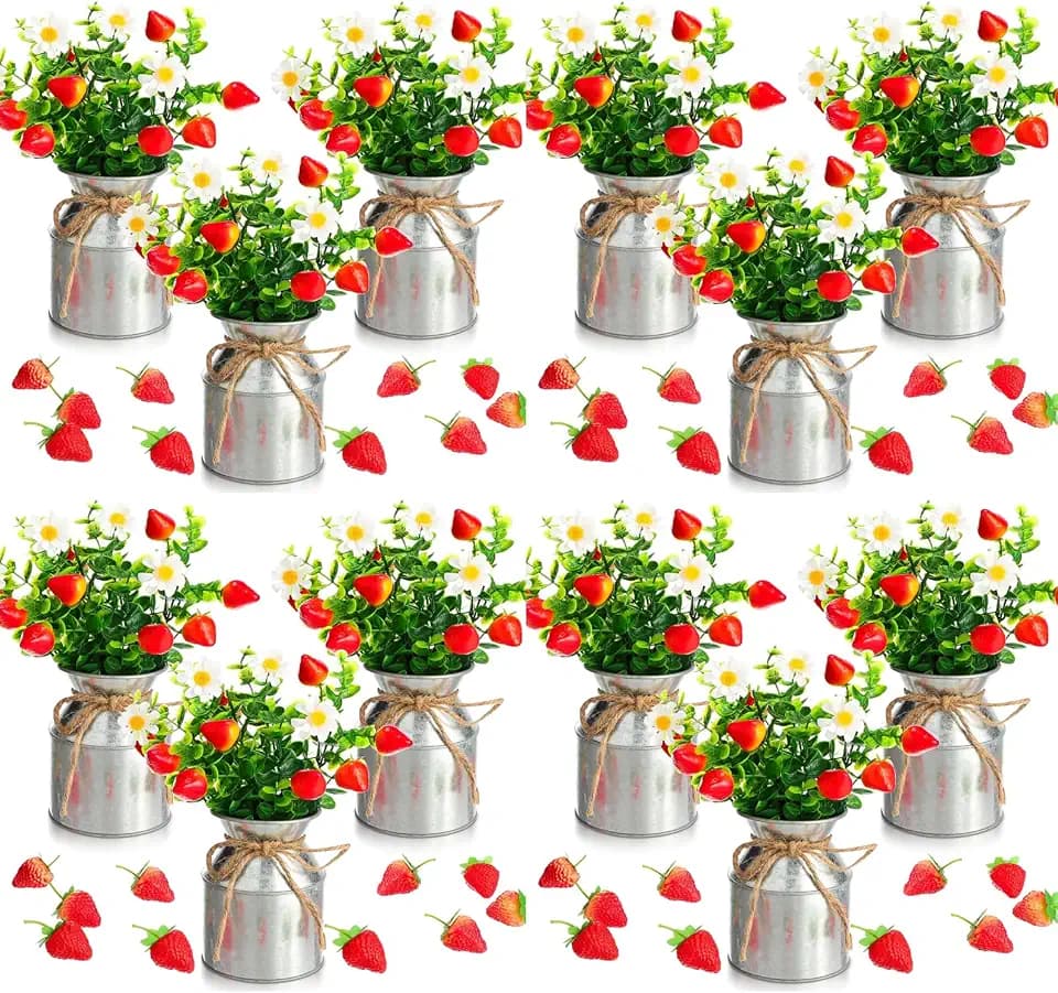 Mimorou 12 Sets Summer Strawberry Centerpieces for Tables Artificial Strawberry Daisy Plants with Vase and Fake Strawberries Berry Farmhouse Sweet Baby Shower Decor for Home Party Wedding Kitchen