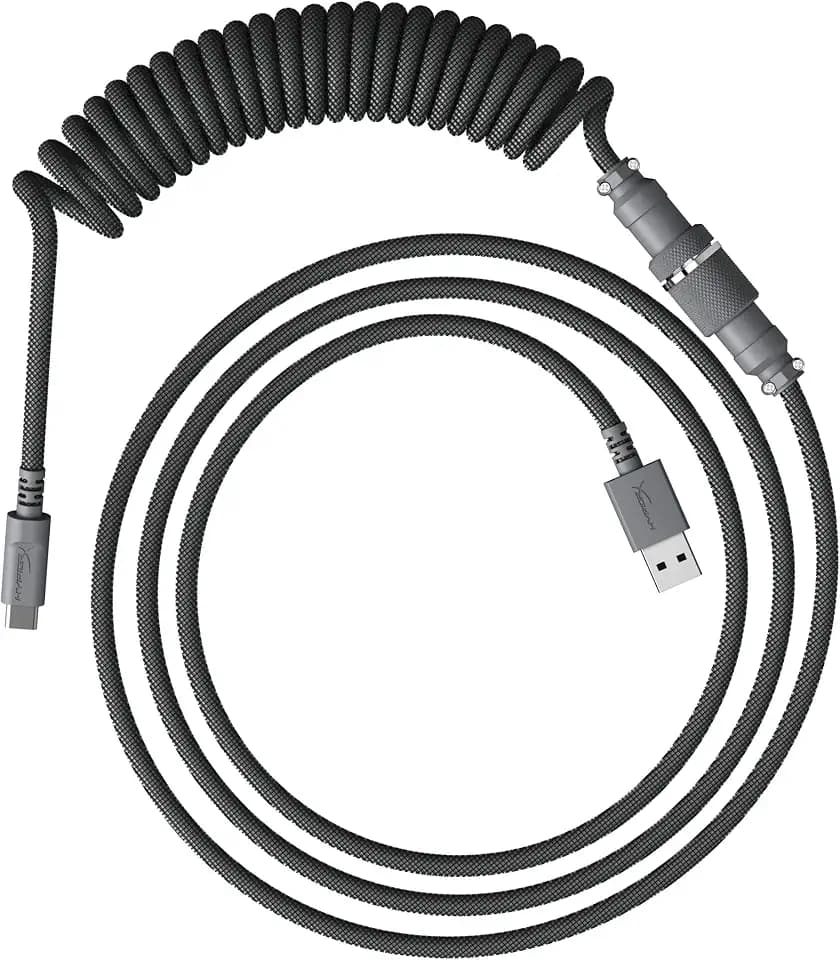 HyperX Spiralkabel – langlebiges Spiralkabel, stilvolles Design, 5-poliger Pilotenstecker, USB-C auf USB-A – Grau