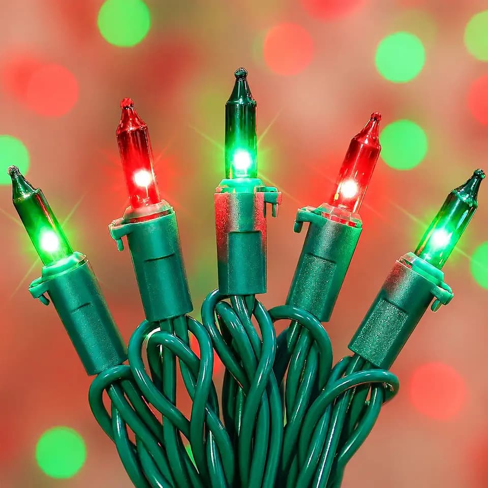 HEYFUNi Red Green Mini Christmas Lights, 50 Count 13FT Green Wire Plug in