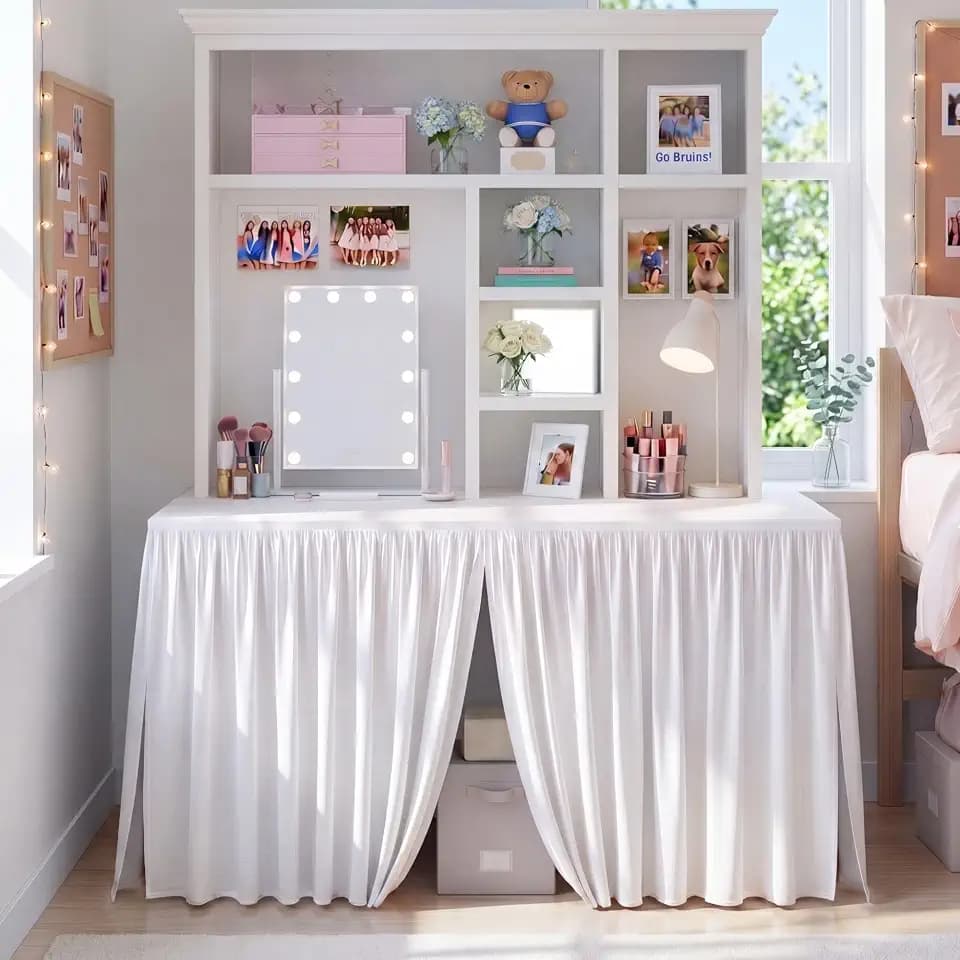 Breling 1 Pcs Ruffled Split Desk Skirt Cover 48" L x 20" W x 30" H, White