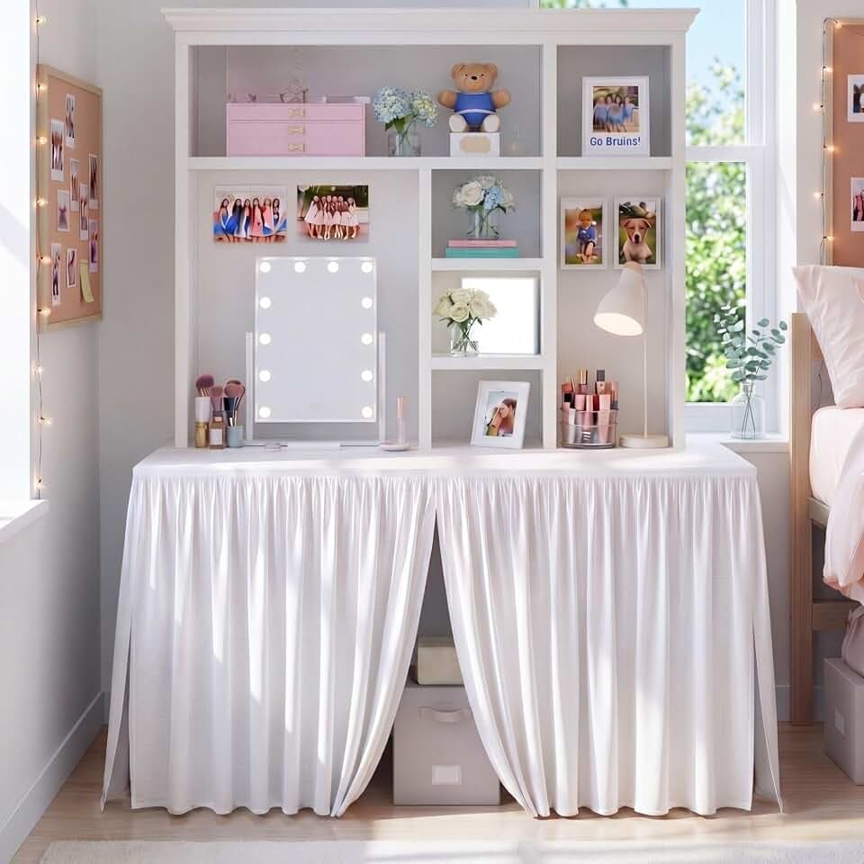 Breling 1 Pcs Ruffled Split Desk Skirt Cover 32" L x 24" W x 30" H, White