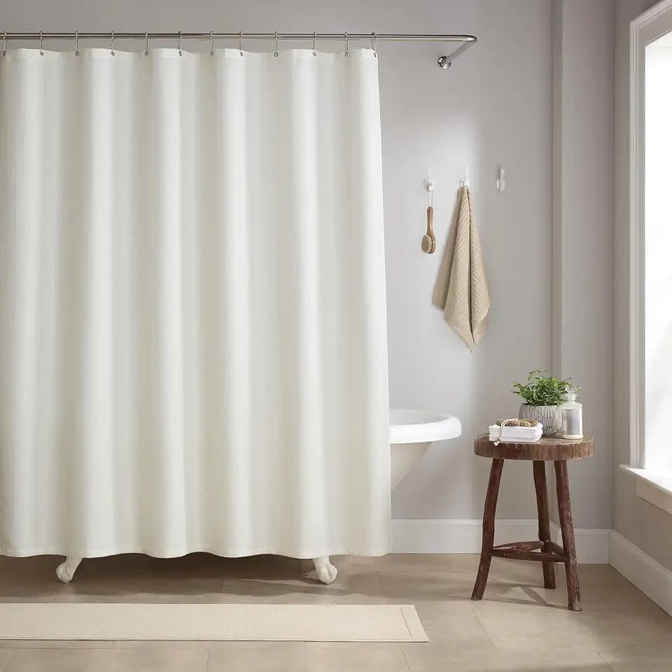 Arkwright Bathroom Shower Curtain Set - Stainless 12 Metal Hooks, Raindrop Jacquard Woven Washable Fabric with Weighted Hem & Rust-Proof Grommets, 210 GSM Heavy Duty, 72 x 72 in, White