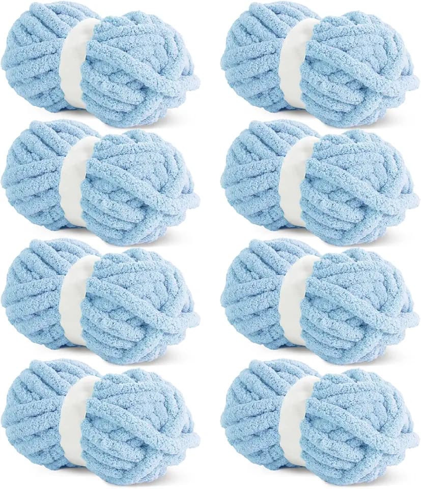 HOMBYS Sky Blue Chunky Chenille Yarn for Crocheting, Bulky Thick Fluffy Yarn for Knitting,Super Bulky Chunky Yarn for Hand Knitting Blanket, Soft Plush Yarn, 8 Jumbo Pack (27 yds,8 oz Each Skein)